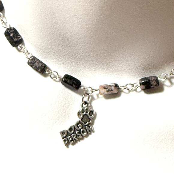 Genuine Gemstone Black Pink Rhodonite w/ Dog Person Pendant Short Necklace - Picture 1 of 15
